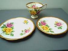 HEAVILY GILDED CLARE FLORAL PATTERNED CHINA TRIO