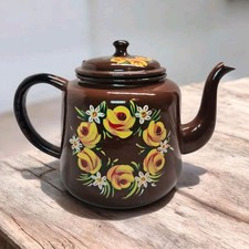 Vintage Large Brown Enamel Painted Teapot Canal/Bargeware Yellow Flowers Retro