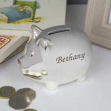 Personalised Name Silver Pig Piggy Bank Money Box Christenings New Born Birthday