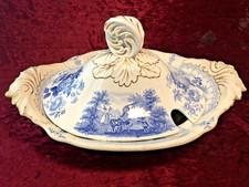 RARE BRAMELD/ROCKINGHAM SERVING TUREEN - BLUE TRANSFERWARE DON QUIXOTE - C 1830s