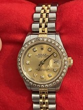 LADIES ROLEX DATEJUST BI METAL CUSTOM DIAMOND DIAL AND BEZEL 69173 BOXED 3POSTUK