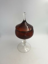 Vintage Lidded Amber Glass Clear Stemmed Tall Apothecary Bonbon Cotton Wool Jar