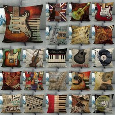 Vintage Guitar Piano Keyboard Throw Pillow Case Music Notes Linen Cushion Covers