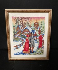 Vintage Framed Needlepoint  Winter Scene Charming Old Tapestry Christmas Season