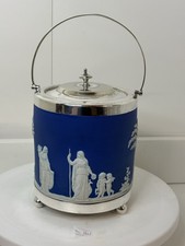 ANTIQUE WEDGWOOD COBALT BLUE JASPERWARE BISCUIT JAR With SILVER PLATEDLid & Feet