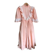 Vintage Size S Edwardian Pink Prairie Style Dress Nylon Lace Midi Ruffle Girls