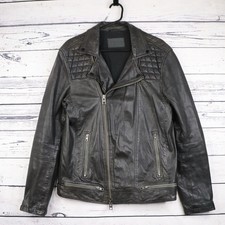 All Saints Lambs Leather Trucker Jacket Mens M Conroy Biker Zip Button Grey
