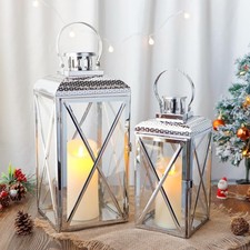 2 Pack Silver Stainless Steel Candle Lanterns Indoor Outdoor Decor