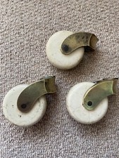 old  Reclaimed  ANTIQUE BRASS  CASTOR VICTORIAN/EDWARDIAN LARGE CERAMIC x3