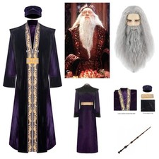 Harry Potter Albus Dumbledore Purple Wizard Robe Outfits/Wigs+Beards/Wand Sets