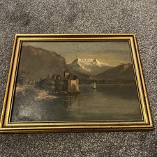 SWISS SCHOOL Chateau de Chillon and Dents du Midi Lake  Switzerland Alps ANTIQUE