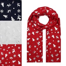 NEW Christmas Snow Flake Reindeer Silver Foil Print Scarf Wrap Chiffon Long UK