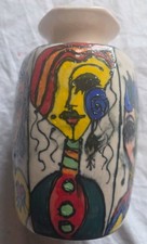 Very Unusual Handmade Vase, Glazed & Painted With Colourful Images Of Women 