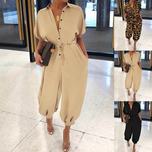 Women button neck jumpsuit - button, v