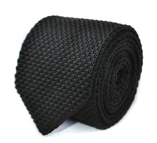 Frederick Thomas Knitted Silk Mens Tie - Black - Plain Skinny Pointed End