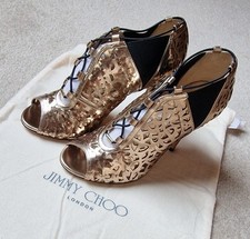 Jimmy Choo Gold Patent Tactic Napa Laser Cut Open Toe Booties Size 35 (UK 2.5)