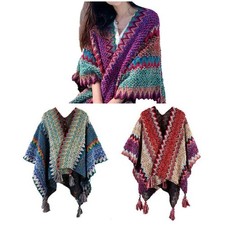 Women Ladies Knitted Open Colourful Poncho Blanket Warm Winter Tassel Wrap Shawl
