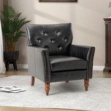 Faux Leather Armchair Black Tufted Chair Vintage Nailhead for Lounge Reading