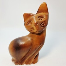 Wooden Cute Cat Figurine 16cm Tall Hand Carved Wood Cat Decorative Ornament VTG