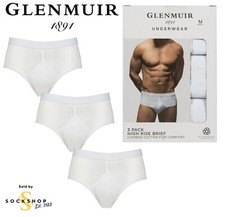 Mens Briefs Cotton High Rise Plain White Uwear Y-Fronts S M L XL GLENMUIR 3 Pack