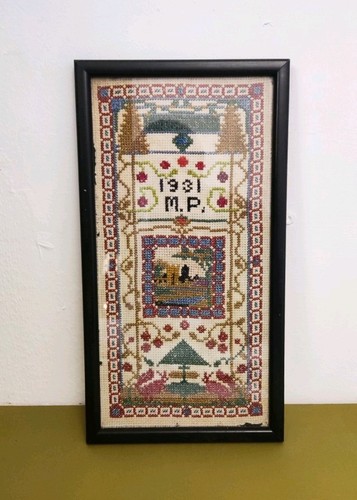 Antique needlepoint sampler - needlepoint,