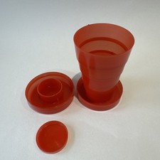Vintage Collapsible Travel Drinking Cup and Lid w/ Pill Holder Red Plastic Vtg