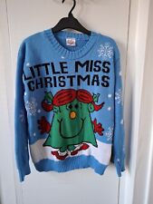 Little Miss Christmas Jumper Mr Men Women Size S/M Festive Knit Sweater Blue