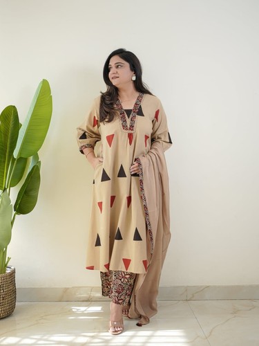Beige printed anarkali - printed,