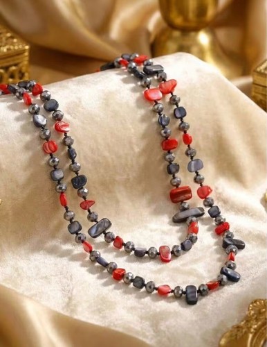 Long red navy beaded necklace - red,