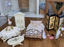 Dolls House Bedroom Furniture Set Double Brass Bed Wardrobe Bedding 12th Scale