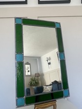 Vintage Stained Glass Wall Mirror Blue Green Handmade Traditional 22" Tall