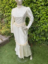 VINTAGE 1970's WEDDING DRESS SATIN CREAM CHOKER  FLORAL BUSTLE TRAIN STEAMPUNK S