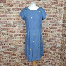 Cath Kidston Denim Dress Blue UK 12 Knee Length Lemon Embroidery