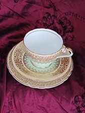 Paragon Trio Cup,saucer,plate.Filigree Green/ Gold Fine Bone China