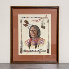 Vintage Native American Chief Cross Stitch Needlepoint Wall Art Framed Rare