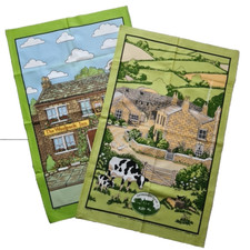 Emmerdale Farm & Woolpack Pub Tea Towel x2 Unused ITV Vintage Cows Cotton Retro