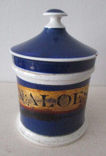 ANTIQUE APOTHECARY JAR/POT WITH LID. EX: ALOES.AQ: DARK BLUE. SMALL, 10 CM. 