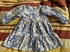 Next girls white blue spotty leopard long sleeved organic cotton dress 2-3 years