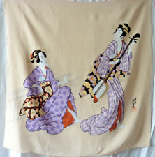 Stunning Heavy Silk Japanese Vintage Scarf Musician With Shamisen & Singer 68X68
