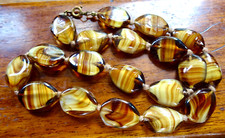 vintage 1970s banded amber glass agate bead necklace hand knotted -103
