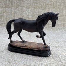 Horse Figurine Dark Brown Ornament Home Decor Desk Top Wooden Base