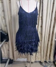 UK Women's Sequin Spaghetti Straps Fringe Tassel Feather Evening Short Dress UK