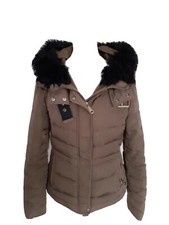 ZARA -  Down and Feather Coat Jacket Attached Fur Trim Hood Tan Size S 6 8
