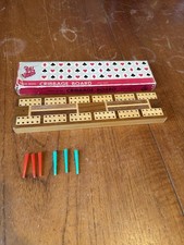Vintage Boxed Cribbage Board - With 6 Pegs - Inlaid Wood - Made In Hong Kong