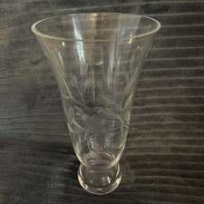 Laura Ashley Home Hand Made Clear Glass Etched Vase, Bird & Flower Detail 1 chip