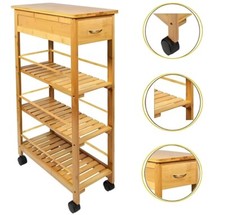 4-Tier Bamboo Slim Cart Island Storage Organiser Rolling Kitchen Serving Trolley