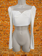 WOMENS ZARA SIZE EUR MEDIUM IVORY V-NECK RUCHED BARDOT BLOUSE TOP LONG SLEEVE