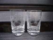 2 Sweet Vtg Etched Glass Bows Swags Ovals & Cut Stars Shot Tot Aperitif Glasses