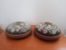 Vintage Floral Tapestry Round Circle Footstool Needlepoint Foot Rest Pouffe Pair