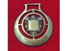 Antique Cast Horse Brass of a Shield in a Circle within a Closed Crescent #OB15